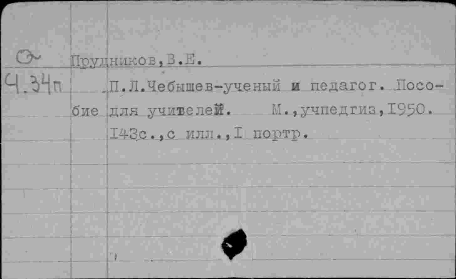 ﻿	Пру£	иниковхВ.Е.
ЧзНп		П.Л.Чебышев-ученый и педагог. Лосо-
	бие	для учителей.	М.»учпедгиз,1950. 143с.,с илл.,I портр.
		
		
		
		
		
		